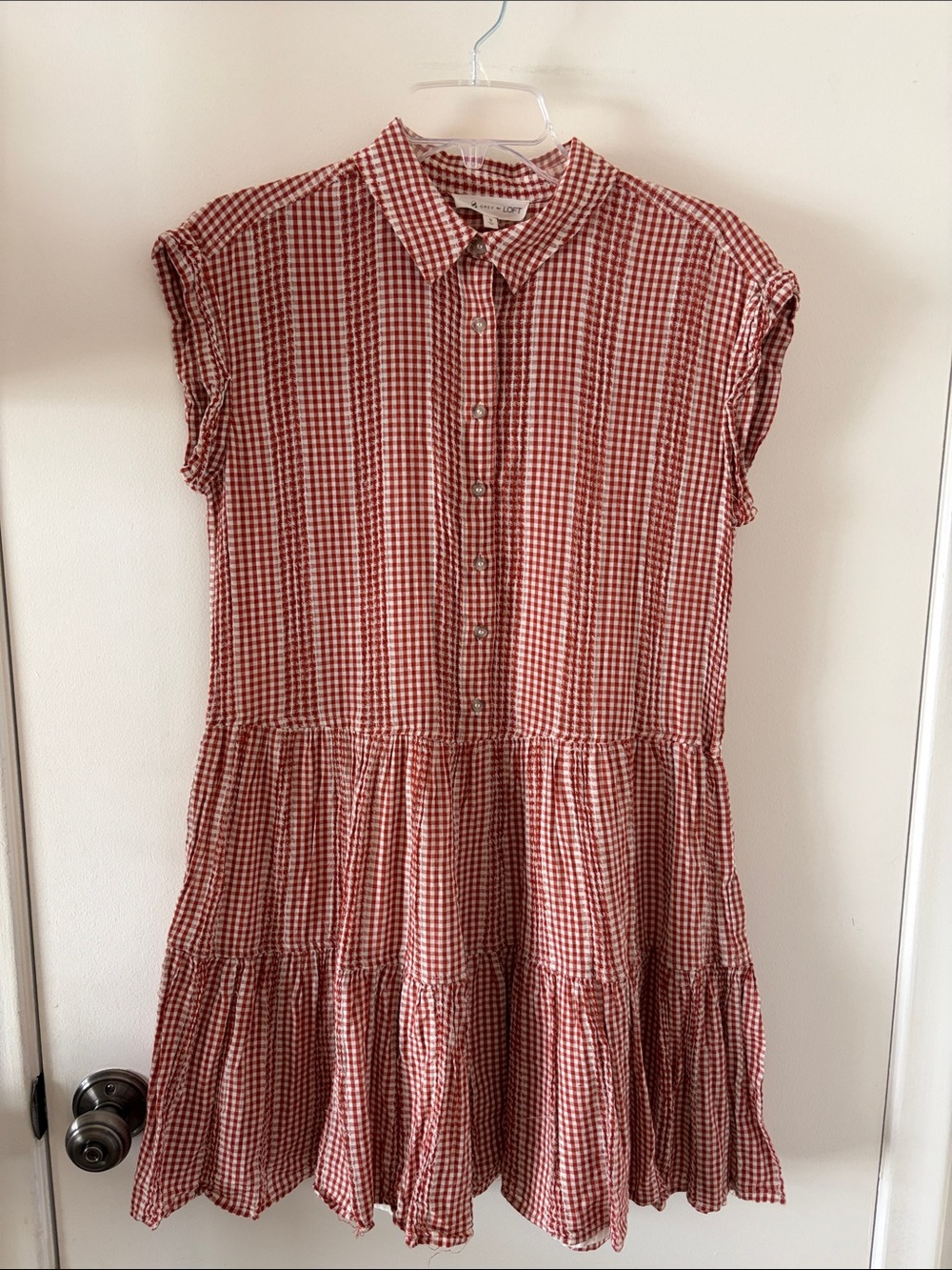 Lou & Grey Red Gingham Button-Front Tiered Shirt Dress